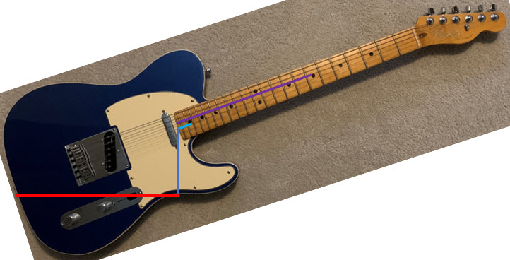 T-style guitar showing sitting ergonomic measurements